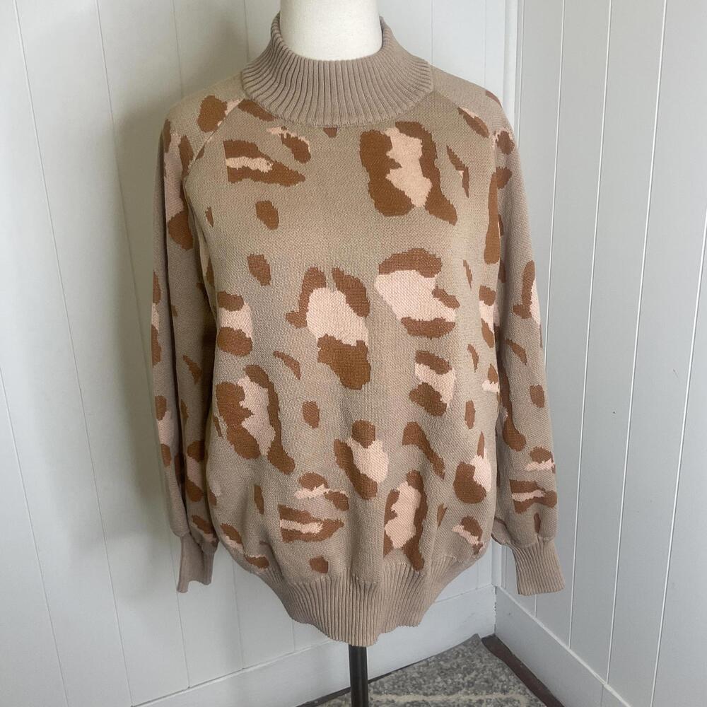 Plidinna Women's Size XL Animal Print Tan Mock Neck Pullover Sweater Cozy